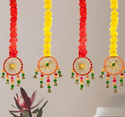 Silky Flower Store Artificial Marigold Flower Garlands, Pom Pom Bell Hanging Decor, Pack of 4, Indoor Festive Décor, 32.5cm 7 7 Product: MANTRAMART Artificial Marigold Flower Garlands with Pom Pom & Bell – Pack of 4 – Hanging Decoration for Home, Diwali, Festival, Wedding, Housewarming & Pooja Decor