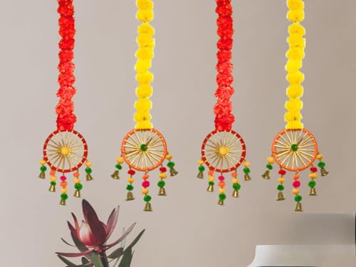 Silky Flower Store Artificial Marigold Flower Garlands, Pom Pom Bell Hanging Decor, Pack of 4, Indoor Festive Décor, 32.5cm 3 3 Product: MANTRAMART Artificial Marigold Flower Garlands with Pom Pom & Bell – Pack of 4 – Hanging Decoration for Home, Diwali, Festival, Wedding, Housewarming & Pooja Decor