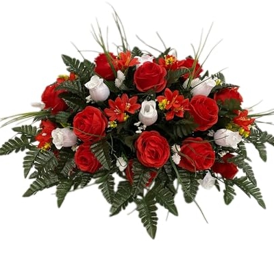 Product: Jucgghk Vivid and Realistic Floral Art Red White Rose Cemetery Saddle,Spring Cemetery Headstone Flower for Gravestone Grave Yard Ground Outdoor