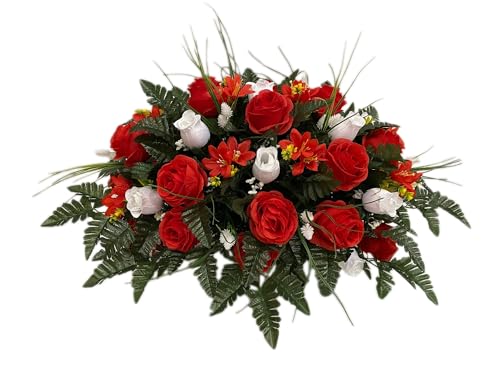 Jucgghk Vivid and Realistic Floral Art Red White Rose Cemetery Saddle,Spring Cemetery Headstone Flower for Gravestone Grave Yard Ground Outdoor - Artificial Flower Arrangements Product: Jucgghk Vivid and Realistic Floral Art Red White Rose Cemetery Saddle,Spring Cemetery Headstone Flower for Gravestone Grave Yard Ground Outdoor