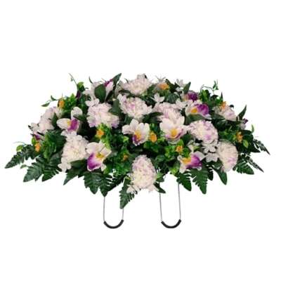Product: Jucgghk Vivid and Realistic Floral Art White and Purple Cemetery Saddle, Spring and Summer Cemetery Flower Arrangement,Artificial Cemetery Flowers for Headstone