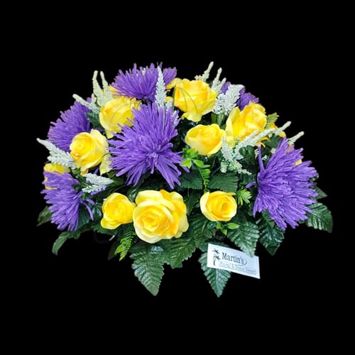 Product: Purple Mums Headstone Saddle, Yellow Roses Silk Grave Flowers for Funeral or Cemetery Memorial Decoration Garland for Table Centerpiece Holiday Party Weddi