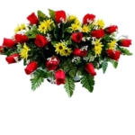 Product: Jucgghk Vivid and Realistic Floral Art Red-Yellow Artificial Headstone Cemetery Saddle, 22-24” Cemetery Flower Arrangement, Artificial Flowers for Grave Tombstone Decorations