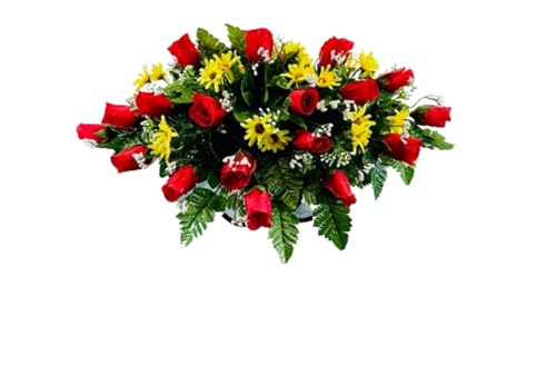 Product: Jucgghk Vivid and Realistic Floral Art Red-Yellow Artificial Headstone Cemetery Saddle, 22-24” Cemetery Flower Arrangement, Artificial Flowers for Grave Tombstone Decorations