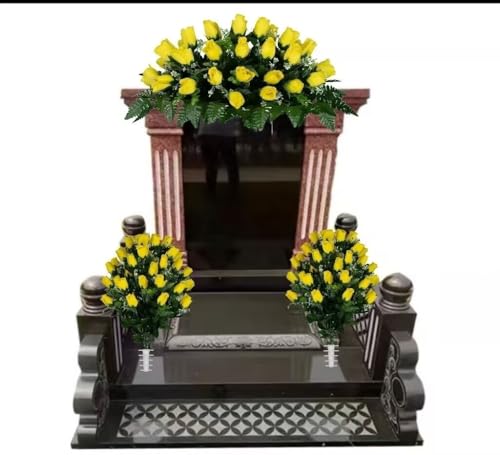 Product: Jucgghk Vivid and Realistic Floral Art Yellow Rose Bud Cemetery Saddle and Flower Arrangement Set, Artificial 1 Saddle and 2 Bouquets for Grave Tombstone Decorations(NO VASE)