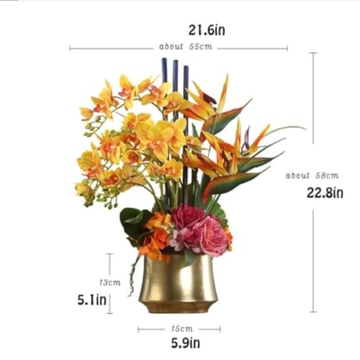 Silky Flower Store Artificial Orchid Flower Arrangement, Real Touch Latex Geel Flowers, Gold Ceramic Vase, 55cm 10 10 Product: Artificial Orchid Flower Arrangement with Vase – Real Touch Latex Geel Flowers in Gold Ceramic Pot, 55cm