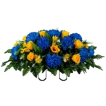 Product: Jucgghk Vivid and Realistic Floral Art Blue Mums and Yellow Roses Artificial Cemetery Saddle,Fathers Day Headstone Saddle for Headstone