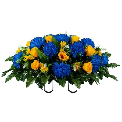 Product: Jucgghk Vivid and Realistic Floral Art Blue Mums and Yellow Roses Artificial Cemetery Saddle,Fathers Day Headstone Saddle for Headstone