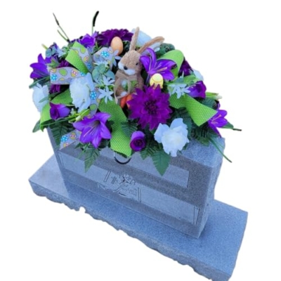 Product: Purple Dahlias Beautiful Spring, Purple Trumpet Lily's Easter Memorial Headstone Saddle for Commemorating Cemetery Garland for Table Centerpiece Holiday Party Weddi
