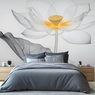 Product: Ink Lotus Mural Retro Zen Lotus Mural Transparent Floral Art Wall Murals Simple Flower Botanical Wallpaper for Bedroom Not Peel and Stick Murals for Living Room 78.7" x 55.2"