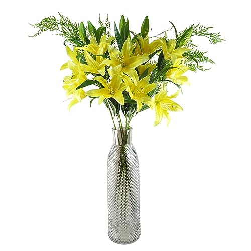 Silky Flower Store Artificial Golden Lily Faux Flower Stems, Leaf Design, 3 Blooms and Bud, Decorative Silk Flowers 20.5cm 4 4 Product: Leaf Design Artificial Flowers