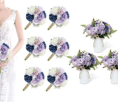 Product: Attractive Bridesmaid Bouquets of 6 Pieces and 3 Small Floral Arrangements, Artificial Flowers, Suitable for Decorating The Anniversary of The Bride's Wedding Center