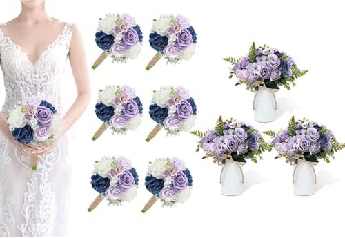Product: Attractive Bridesmaid Bouquets of 6 Pieces and 3 Small Floral Arrangements, Artificial Flowers, Suitable for Decorating The Anniversary of The Bride's Wedding Center