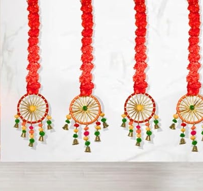 Product: MANTRAMART Artificial Marigold Flower Garland with Pom Pom & Bell – Pack of 4 – Hanging Decoration for Home, Diwali, Wedding, Pooja, Festival & Event Decor
