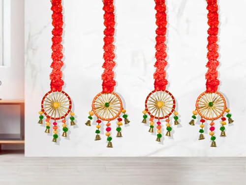 Product: MANTRAMART Artificial Marigold Flower Garland with Pom Pom & Bell – Pack of 4 – Hanging Decoration for Home, Diwali, Wedding, Pooja, Festival & Event Decor