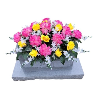 Product: Pink Ball Mums Headstone Saddle, Yellow Roses and Cream Larkspur Grave Flowers for Cemetery and Memorial Decorating Garland for Table Centerpiece Holiday Party Weddi