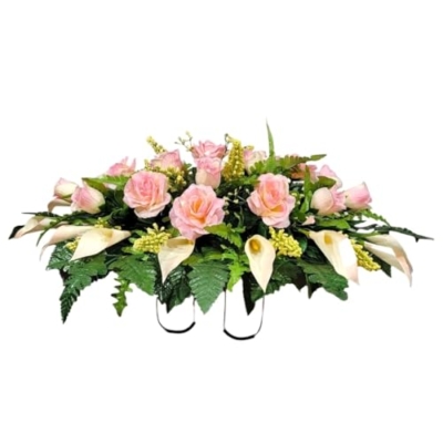 Product: Cream Pink Calla Lilies Headstone Saddle, Roses Silk Grave Flowers for Perfect Funeral or Cemetery Decoration Garland for Table Centerpiece Holiday Party Weddi