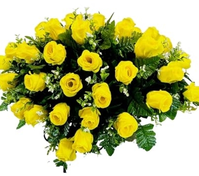 Product: Jucgghk Vivid and Realistic Floral Art 28" Yellow Roses Artificial Flowers, Fake Headstone Saddle, Sympathy Floral Arrangements for Outdoor Gravestone Decorations