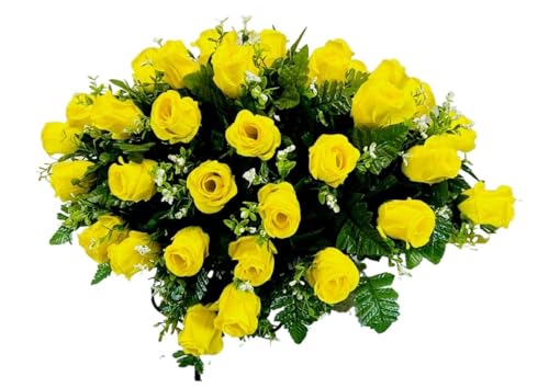 Product: Jucgghk Vivid and Realistic Floral Art 28" Yellow Roses Artificial Flowers, Fake Headstone Saddle, Sympathy Floral Arrangements for Outdoor Gravestone Decorations