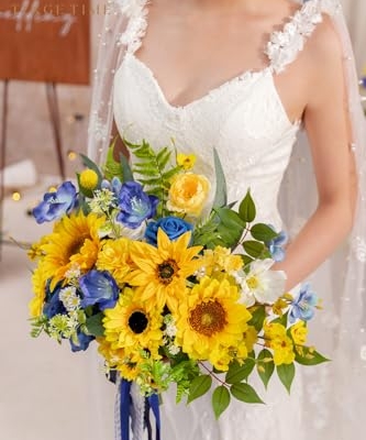 Product: TINGE TIME 13 InchWedding Bouquets for Bride,Bridal Bouquet for Bride, Artificial Silk Sunflowers for Graduation Bouquet, Fake Flowers for Wedding Ceremony and Anniversary (Sunflower&RoyalBlue)