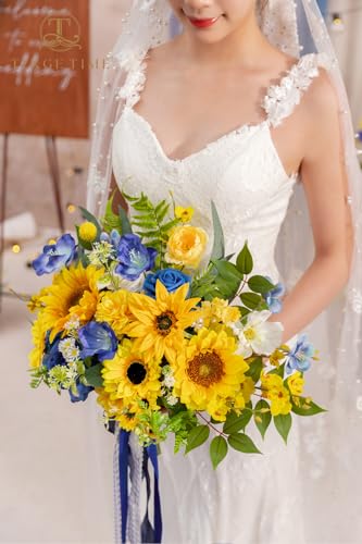 Product: TINGE TIME 13 InchWedding Bouquets for Bride,Bridal Bouquet for Bride, Artificial Silk Sunflowers for Graduation Bouquet, Fake Flowers for Wedding Ceremony and Anniversary (Sunflower&RoyalBlue)