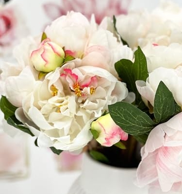 Product: 5 Stem White and Pink Flowers Tipped,Artificial Peony Bouquet for Indoor Vase Home Table Centerpieces Wedding(NO VASE) for Wedding/Home Decoration