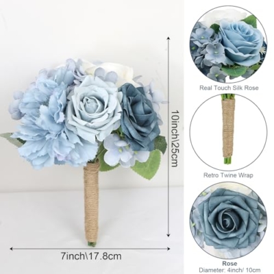 Product: Dusty Blue Bride Bouquet & Bridesmaid Bouquets Set of 2 for Wedding Artificial Roses Flowers Wedding Flowers Bouquets for Bride Bridesmaids Marriage Proposal Party Church Decoration