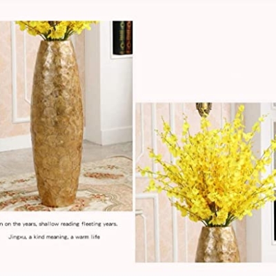 Product: QWQZZRZK Floor Standing Artificial Flowers w/Tall Golden Vase Chinses Yellow Artificial Dancing Orchids Living Room Flower Arrangement Wedding Home Office Party Decoration