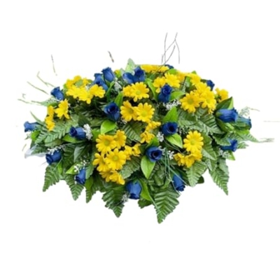Product: Jucgghk Vivid and Realistic Floral Art 22-24" Blue Roses and Yellow Daisies Cemetery Saddle, Headstone Saddle Arrangement,Memorial Flowers for Grave Tombstone Decorations