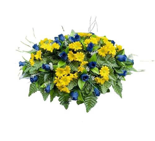 Product: Jucgghk Vivid and Realistic Floral Art 22-24" Blue Roses and Yellow Daisies Cemetery Saddle, Headstone Saddle Arrangement,Memorial Flowers for Grave Tombstone Decorations