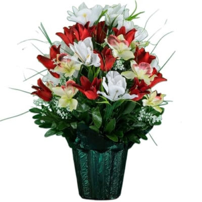 Product: Red Tulips and White Iris Potted Flower Cemetery Arrangement, Graveside Flowers in Weighted Pot for Grave Decoration Garland for Table Centerpiece Holiday Party Weddi