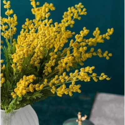 Silky Flower Store Artificial Yellow Acacia Mimosa Flowers, Blue Vase Home Wedding Decor 20.5cm 11 11 Product: Artificial Yellow Acacia Mimosa Flowers in Blue Vase – Silk Fake Flowers for Home, Wedding, Party Table Decoration(Blue Vase+Flower)