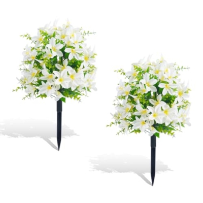 Product: MDJTT 23'' Set of 2 Artificial Lily Topiary Ball Tree with 87 Flowers, Lifelike Fake Bushes Tree with Ground Spikes for Outdoor, Faux Evergreen Shrubs for Home Porch Garden Patio Decor (2, White)