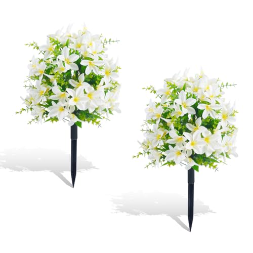 MDJTT 23'' Set of 2 Artificial Lily Topiary Ball Tree with 87 Flowers, Lifelike Fake Bushes Tree with Ground Spikes for Outdoor, Faux Evergreen Shrubs for Home Porch Garden Patio Decor (2, White) - Artificial Flower Arrangements Product: MDJTT 23'' Set of 2 Artificial Lily Topiary Ball Tree with 87 Flowers, Lifelike Fake Bushes Tree with Ground Spikes for Outdoor, Faux Evergreen Shrubs for Home Porch Garden Patio Decor (2, White)