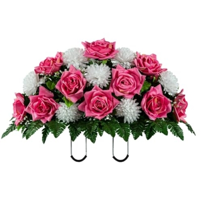 Silky Flower Store Cemetery Saddle Floral Grave Arrangement Pink Open Rose White Mum, Artificial Memorial Tombstone Flowers, 30x21x10in 9 9 Product: Jucgghk Vivid and Realistic Floral Art Beauty Pink Open Rose and White Mum Cemetery Saddle,Mothers Day Headstone Saddle,Cemetery Flower Arrangement for Grave