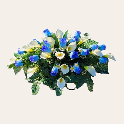 Silky Flower Store Baby Blue Rosebuds Cemetery Saddle, Cream Calla Lilies Grave Cone, Silk Headstone Flowers, 32x24x8in 2 2 Product: Baby Blue Rosebuds Headstone Saddle and Cemetery Cone, Cream Calla Lilies Silk Grave Flowers for Commemorating Cemetery Garland for Table Centerpiece Holiday Party Weddi