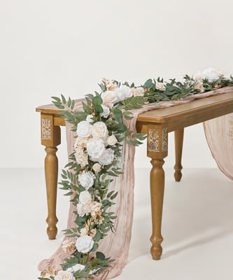 Product: Ling's Moment Flower Garland - 6FT Eucalyptus & Rose - Sweetheart Table Decor for Wedding Reception, Artificial Silk Floral Garland for Mantle, Spring, Garden Christmas Decoration, White Beige
