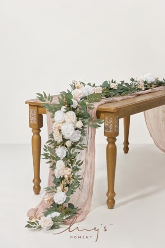 Product: Ling's Moment Flower Garland - 6FT Eucalyptus & Rose - Sweetheart Table Decor for Wedding Reception, Artificial Silk Floral Garland for Mantle, Spring, Garden Christmas Decoration, White Beige