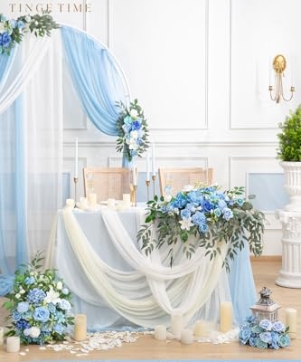 Product: TINGE TIME Artificial Sweetheart Flower Swag with Tablecloth and Table Runner, Pack of 3 Floral Arrangement for Wedding Sweetheart Table Centerpiece Decoration Valentine's Day (Provence Blue)