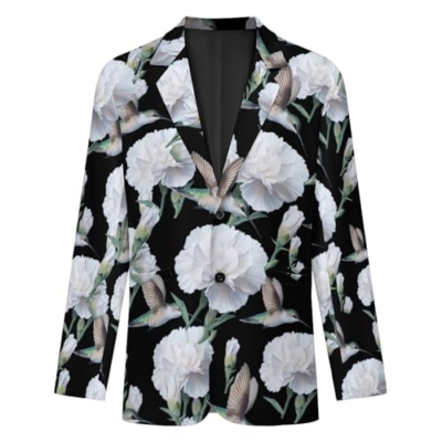Product: Hummingbird White Carnation Flower Men's Slim Suit Long-Sleeve Prom Tuxedo Classic Two Button Business Jacket XL