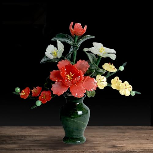 Product: Artificial Jade Bonsai Tree with Peony Flowers, Faux Potted Plant in Jade Vase, Chinese Style Home Office Décor, 26x11x25 cm