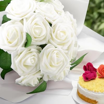 Product: SPORTYOUTH 100 Pcs Artificial Roses Ivory White and 30 Pcs Red Glitter Poinsettia Artificial Christmas Flowers with Clip Stems