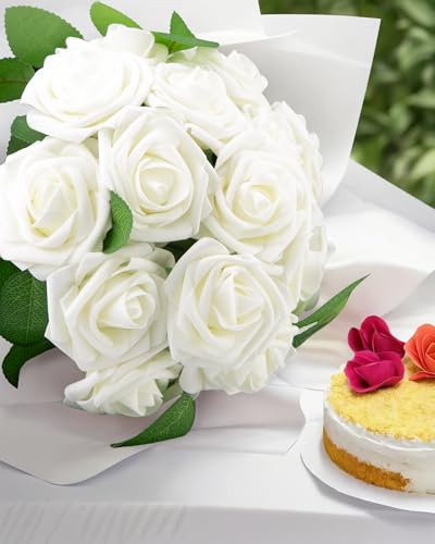 Product: SPORTYOUTH 100 Pcs Artificial Roses Ivory White and 30 Pcs Red Glitter Poinsettia Artificial Christmas Flowers with Clip Stems