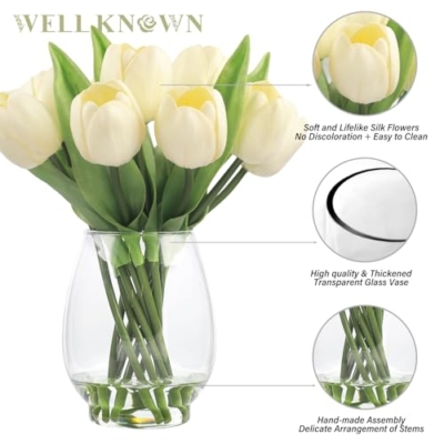 Product: WELL KNOWN 12 Pcs Tulips Artificial Flowers in Vase, Real Touch Tulips with Vase with Upgrate Acrylic Water Flower Arrangements Centerpiece for Dining Room Table Decoration（Cream）