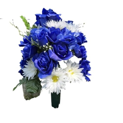 Product: Blue Roses Headstone Saddle and Cemetery Cone, White Gerbera Daisies Hydrangeas Cemetery Cone for Cemetery Decoration Garland for Table Centerpiece Holiday Party Weddi