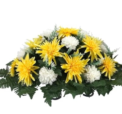 Product: Jucgghk Vivid and Realistic Floral Art Yellow Dahlias and Cream Carnations Cemetery Saddle, Flower Arrangement for Headstone,Spring Artificial Cemetery Flowers