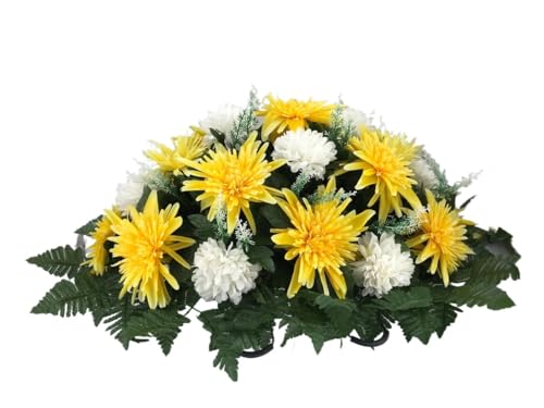 Jucgghk Vivid and Realistic Floral Art Yellow Dahlias and Cream Carnations Cemetery Saddle, Flower Arrangement for Headstone,Spring Artificial Cemetery Flowers - Artificial Flower Arrangements Product: Jucgghk Vivid and Realistic Floral Art Yellow Dahlias and Cream Carnations Cemetery Saddle, Flower Arrangement for Headstone,Spring Artificial Cemetery Flowers