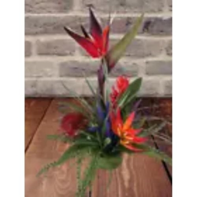 Product: Medium Bird of Paradise On Disc Tropical Table Centerpiece Red Artificial Flowers