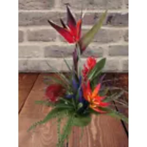 Product: Medium Bird of Paradise On Disc Tropical Table Centerpiece Red Artificial Flowers