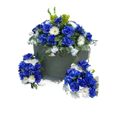 Product: Blue Roses Headstone Saddle and Cemetery Cone, White Gerbera Daisies Hydrangeas Cemetery Cone for Cemetery Decoration Garland for Table Centerpiece Holiday Party Weddi